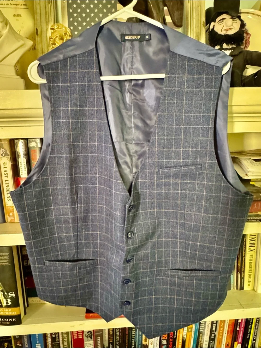 HISDERN XL Blue Windowpane Check Vest Men’s Formal 5 Button $20